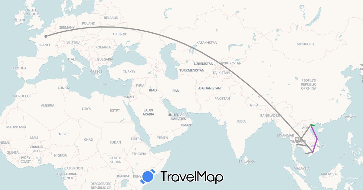 TravelMap itinerary: driving, bus, plane, train in France, Cambodia, Thailand, Vietnam (Asia, Europe)